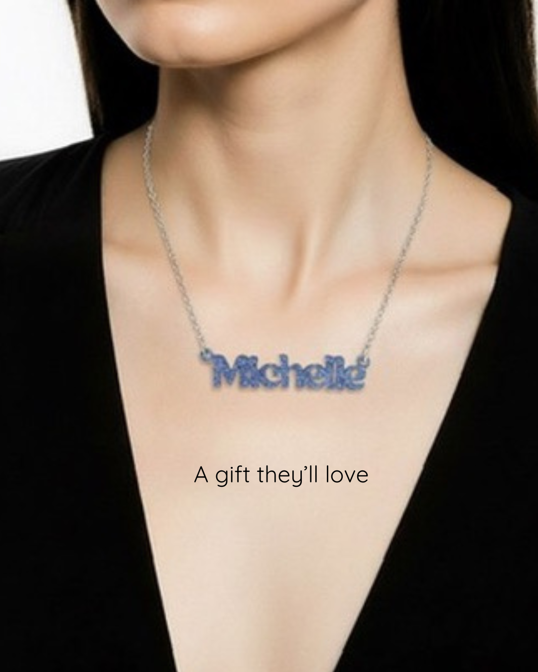 Women wearing name necklace Michelle-  A gift they'll love