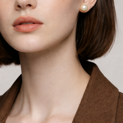 Woman wearing a brown blazer with a plain background